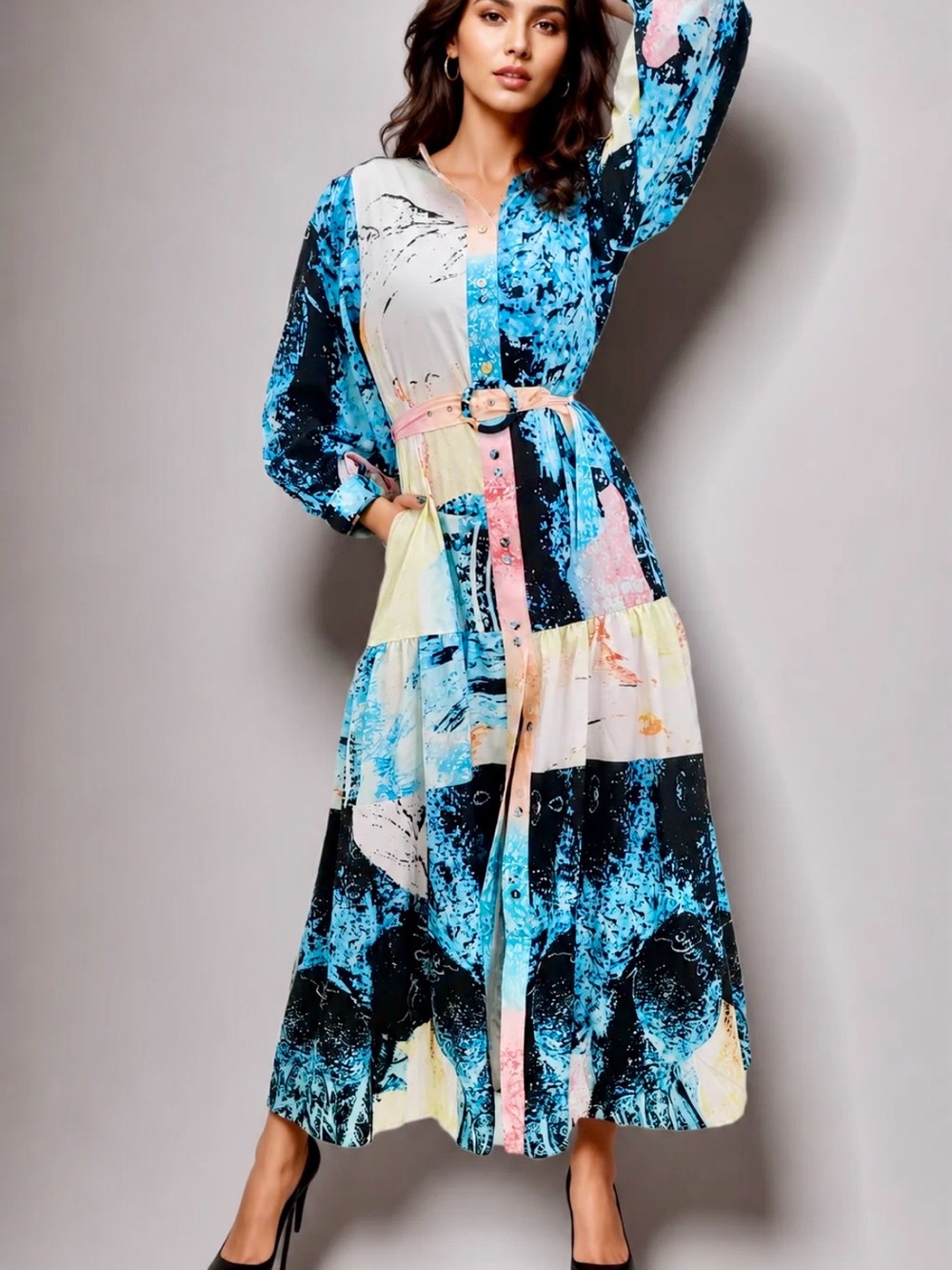 MULTICOLOR BUTTON DOWN
DRESS (BLK, BLUE)